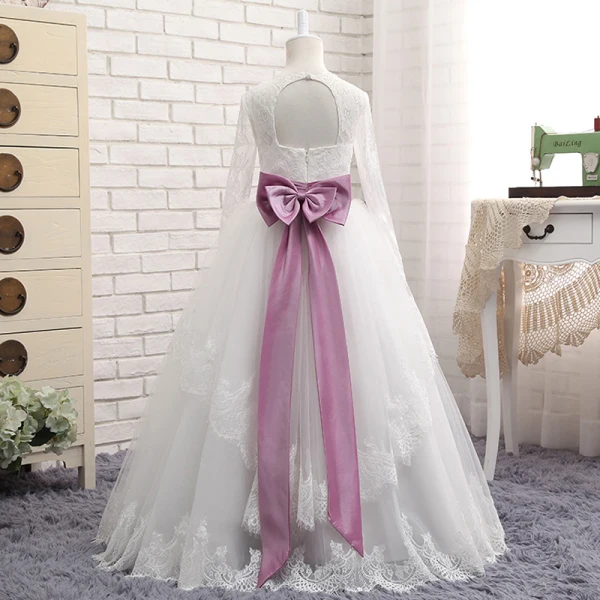 Chic / Belle Blanche Robe Ceremonie Fille 2017 Princesse Dentelle Volants Gland Dos Nu Encolure Dégagée Noeud Manches Longues Longue Mariage