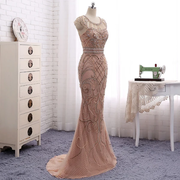 Amazing / Unique Champagne Evening Dresses 2017 Trumpet / Mermaid Beading Scoop Neck Zipper Up Short Sleeve Sweep Train Evening Party