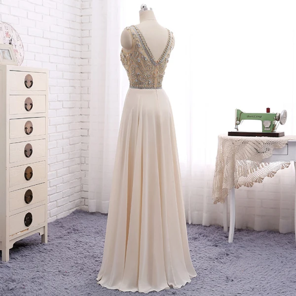 Chic / Beautiful Champagne Evening Dresses  2017 A-Line / Princess Beading Ruffle Scoop Neck Zipper Up Backless Sleeveless Floor-Length / Long Evening Party