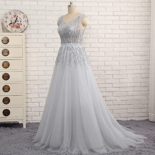 Chic / Beautiful Grey Evening Dresses  2017 A-Line / Princess Sequins Ruffle Sash V-Neck Sleeveless Floor-Length / Long Evening Party