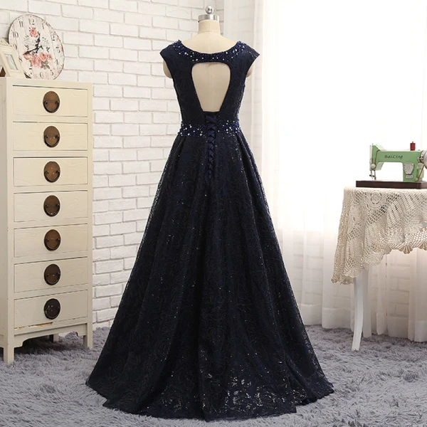Chic / Belle Bleu Marine Robe De Soirée 2017 Princesse Perlage Paillettes Dos Nu Encolure Dégagée Sans Manches Longue Soirée