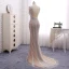 Amazing / Unique Champagne Evening Dresses  2017 Trumpet / Mermaid Beading Pearl V-Neck Backless Sleeveless Sweep Train Evening Party