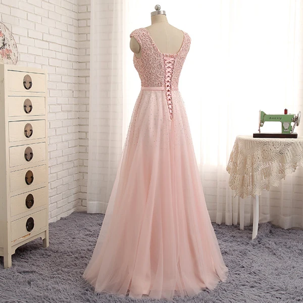 Chic / Beautiful Candy Pink Evening Dresses  2017 A-Line / Princess Lace Bow Rhinestone V-Neck Backless Sleeveless Floor-Length / Long Evening Party