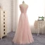 Chic / Beautiful Candy Pink Evening Dresses  2017 A-Line / Princess Lace Bow Rhinestone V-Neck Backless Sleeveless Floor-Length / Long Evening Party