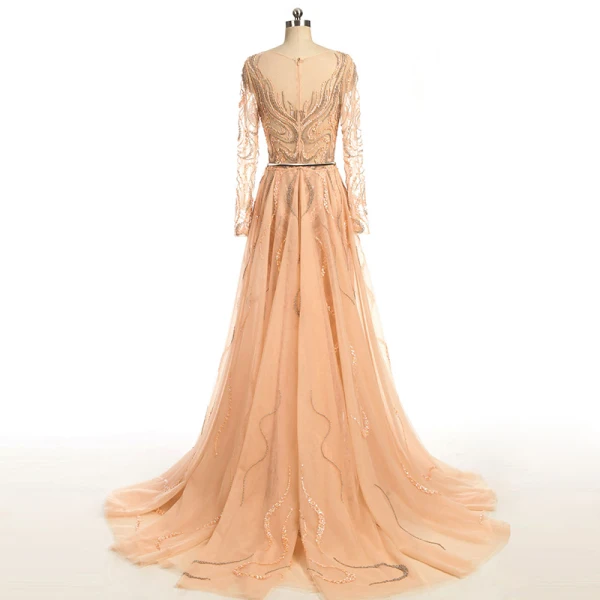 Amazing / Unique Champagne Evening Dresses  2017 Trumpet / Mermaid Sequins Beading Bow Scoop Neck Long Sleeve Sweep Train Evening Party
