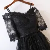 Sexy Black Cocktail Dresses 2017 A-Line / Princess Lace Flower Backless Spaghetti Straps Off-The-Shoulder Bow 1/2 Sleeves Asymmetrical Cocktail Party
