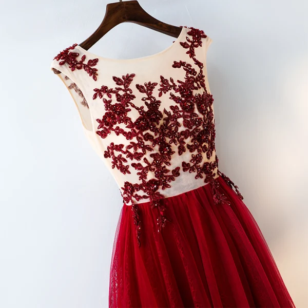 Chic / Beautiful Red Evening Dresses 2017 A-Line / Princess Lace Flower Crystal Artificial Flowers Scoop Neck Sleeveless Ankle Length Evening Party