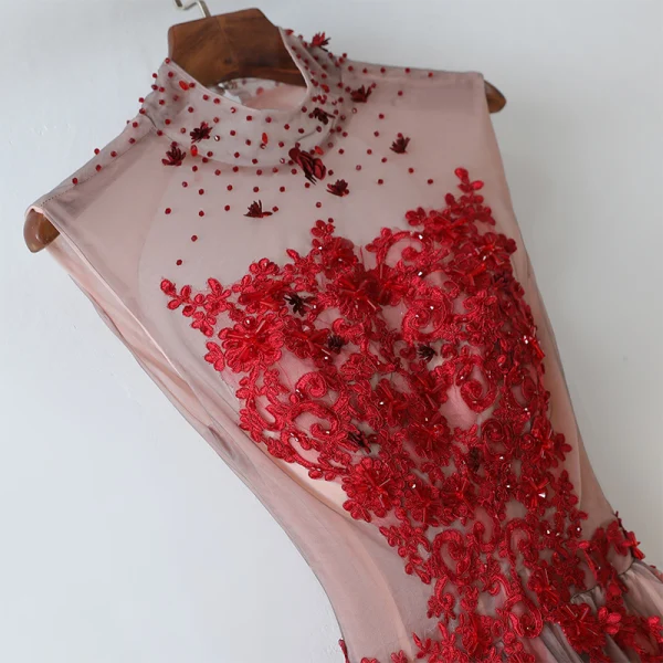 Chic / Beautiful Brown Evening Dresses 2017 A-Line / Princess Lace Flower Crystal Artificial Flowers High Neck Backless Sleeveless Ankle Length Evening Party
