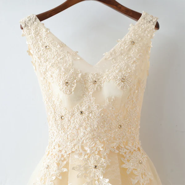 Chic / Beautiful Champagne Homecoming Graduation Dresses 2017 A-Line / Princess Lace Flower Backless Rhinestone V-Neck Sleeveless Short