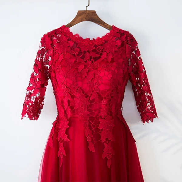 Chic / Beautiful Red Evening Dresses 2017 A-Line / Princess Lace Flower Scoop Neck Zipper Up 3/4 Sleeve Ankle Length Evening Party
