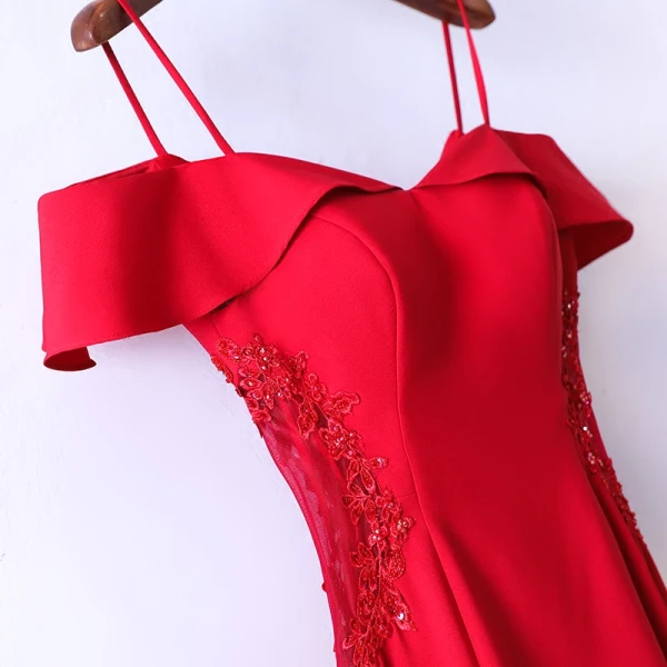 Sexy Red Evening Dresses 2017 Trumpet / Mermaid Lace Flower Crystal Sequins Zipper Up Off-The-Shoulder Spaghetti Straps Short Sleeve Ankle Length Evening Party