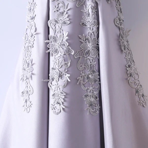 Chic / Beautiful Silver Evening Dresses 2017 A-Line / Princess Lace Flower V-Neck Backless Sleeveless Ankle Length Evening Party