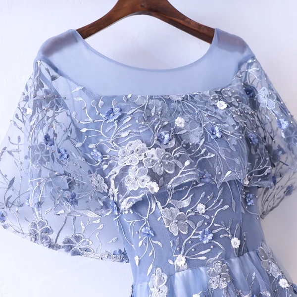 Chic / Beautiful Ocean Blue Evening Dresses 2017 A-Line / Princess Beading Pearl Lace Flower Scoop Neck Backless Short Sleeve Ankle Length Evening Party