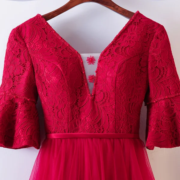 Chic / Beautiful Red Evening Dresses  2017 A-Line / Princess Lace Flower V-Neck Backless 1/2 Sleeves Ankle Length Evening Party