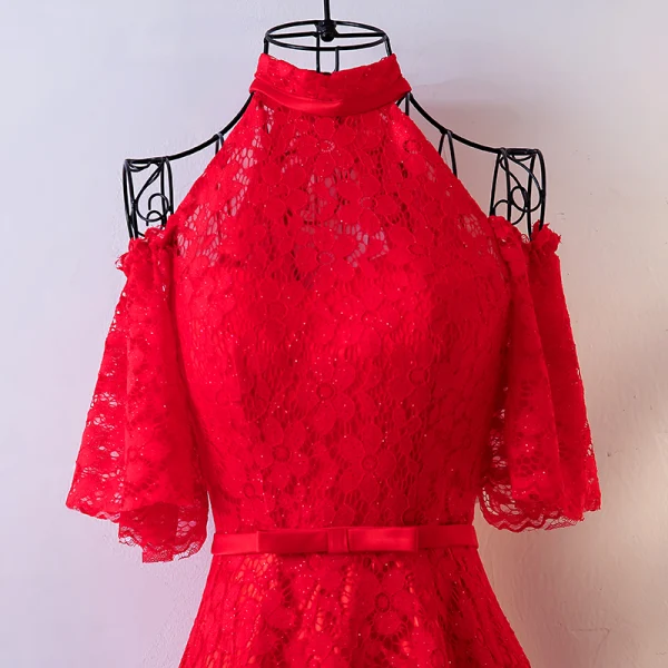 Chic / Belle Rouge Robe De Soirée 2017 Princesse En Dentelle Noeud Col Haut Bustier Dos Nu Manches Courtes Longueur Cheville Soirée