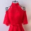 Chic / Belle Rouge Robe De Soirée 2017 Princesse En Dentelle Noeud Col Haut Bustier Dos Nu Manches Courtes Longueur Cheville Soirée