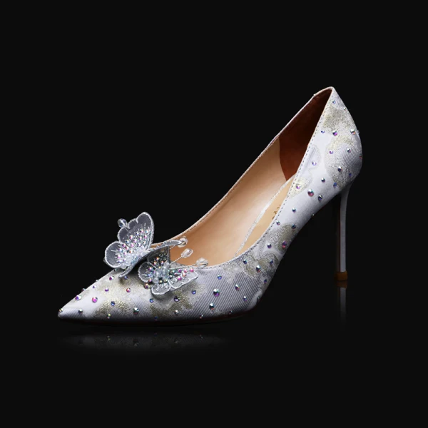 Charming Silver Lace Butterfly Wedding Shoes 2021 Leather Rhinestone 9 cm Stiletto Heels Pointed Toe Wedding Pumps High Heels