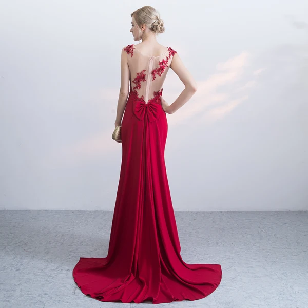 Chic / Beautiful Red Evening Dresses 2017 Trumpet / Mermaid Zipper Up Beading Bow Lace Flower Sequins Sleeveless Scoop Neck Court Train Evening Party