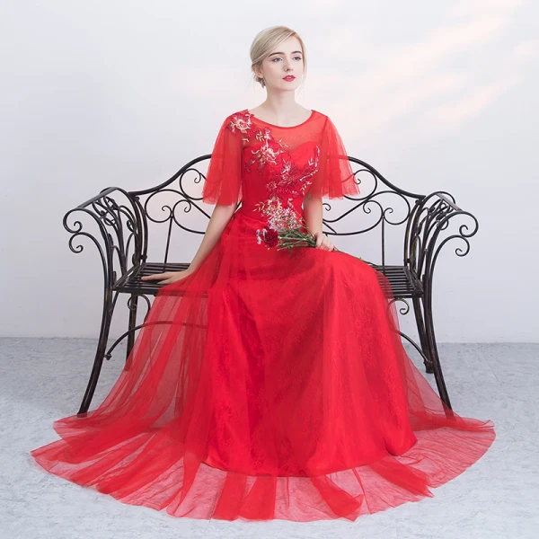 Chic / Beautiful Red Evening Dresses  2017 A-Line / Princess Appliques Lace Flower Crossed Straps Beading Scoop Neck Backless 1/2 Sleeves Floor-Length / Long Evening Party