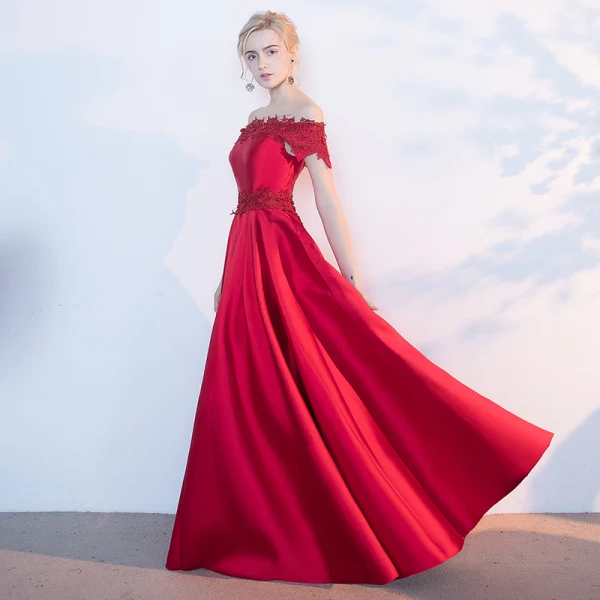 Chic / Beautiful Red Evening Dresses 2017 A-Line / Princess Appliques Lace Flower Beading Backless Off-The-Shoulder Crossed Straps Sleeveless Floor-Length / Long Evening Party