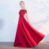 Chic / Beautiful Red Evening Dresses  2017 A-Line / Princess Appliques Lace Flower Beading Backless Off-The-Shoulder Crossed Straps Sleeveless Floor-Length / Long Evening Party
