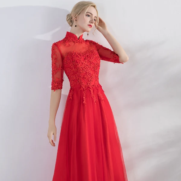 Chic / Beautiful Red Evening Dresses 2017 A-Line / Princess Lace Flower Appliques Beading High Neck Backless Crossed Straps 3/4 Sleeve Floor-Length / Long Evening Party
