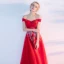 Chic / Beautiful Red Evening Dresses  2017 A-Line / Princess Appliques Beading Backless Crossed Straps Off-The-Shoulder Sleeveless Floor-Length / Long Evening Party