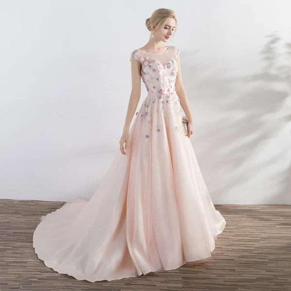 Elegant Pearl Pink Evening Dresses 2017 A-Line / Princess Artificial Flowers Pearl Bow Scoop Neck Crossed Straps Backless Sleeveless Court Train Evening Party