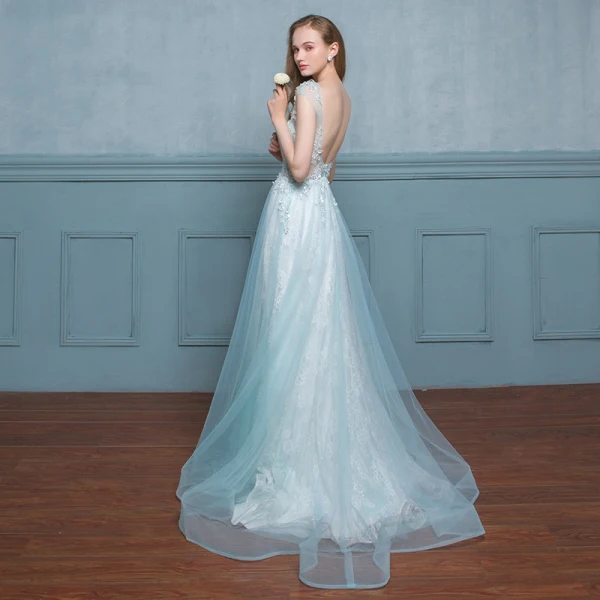 Chic / Beautiful Pool Blue Evening Dresses 2017 A-Line / Princess Lace Sequins Flower Scoop Neck Zipper Up Sleeveless Floor-Length / Long Evening Party
