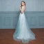 Chic / Beautiful Pool Blue Evening Dresses  2017 A-Line / Princess Lace Sequins Flower Scoop Neck Zipper Up Sleeveless Floor-Length / Long Evening Party