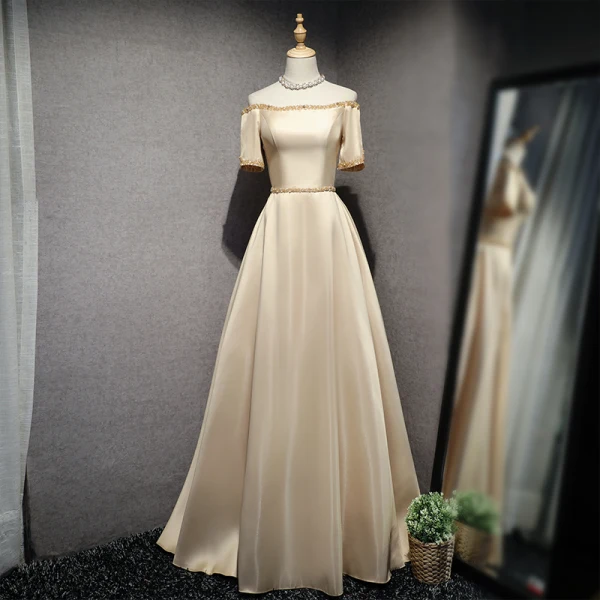 Chic / Beautiful Evening Dresses  2017 A-Line / Princess Pearl Beading Off-The-Shoulder 1/2 Sleeves Backless Crossed Straps Floor-Length / Long Evening Party
