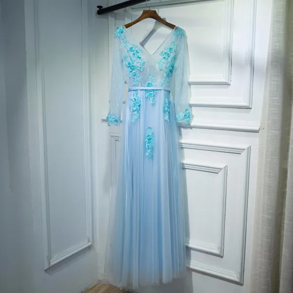 Chic / Beautiful Prom Dresses 2017 A-Line / Princess Appliques Pearl Lace V-Neck Crossed Straps Long Sleeve Floor-Length / Long