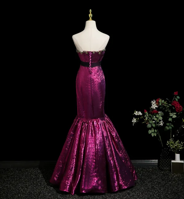 Sexy Purple Rhinestone Evening Dresses 2025 Trumpet / Mermaid Strapless Sleeveless Backless Floor-Length / Long Formal Dresses