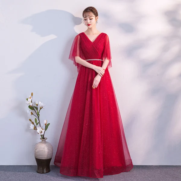 Modern / Fashion Black Evening Dresses 2018 A-Line / Princess Sash V-Neck Backless Short Sleeve Floor-Length / Long Formal Dresses