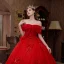 Modern / Fashion Red Sequins Lace Flower Wedding Dresses 2021 Ball Gown Off-The-Shoulder Bow Short Sleeve Backless Royal Train Wedding