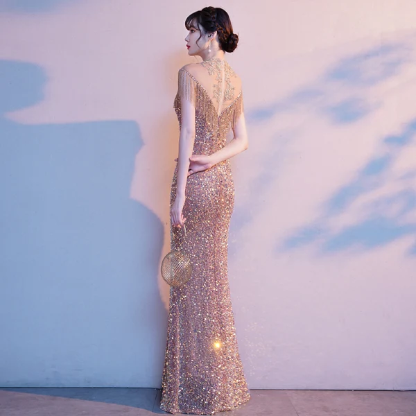Sparkly Gold Sequins Beading Tassel Evening Dresses  2021 Trumpet / Mermaid High Neck Short Sleeve Floor-Length / Long Evening Party Formal Dresses