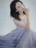 Modest / Simple Lavender Summer Prom Dresses 2018 A-Line / Princess Spaghetti Straps Backless Sleeveless Floor-Length / Long Formal Dresses