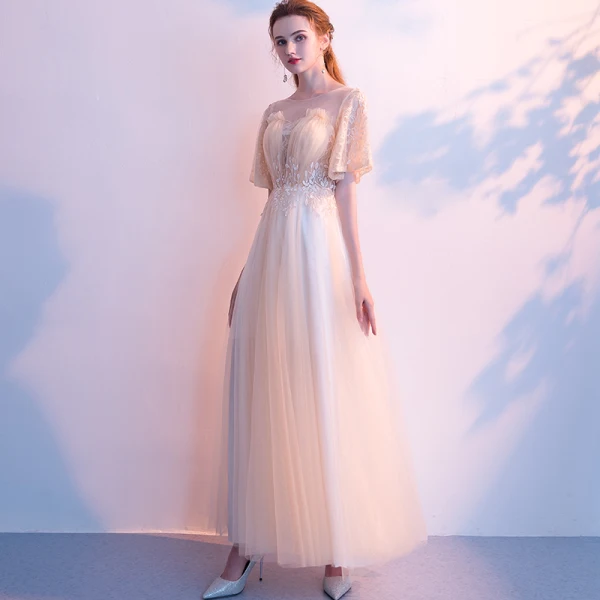 Elegant Champagne Evening Dresses 2018 A-Line / Princess Lace Flower Backless Scoop Neck Short Sleeve Ankle Length Formal Dresses