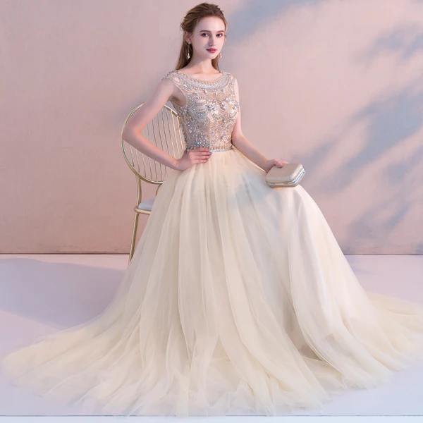 Modern / Fashion Champagne Evening Dresses 2018 A-Line / Princess Crystal Rhinestone Scoop Neck Backless Short Sleeve Floor-Length / Long Formal Dresses