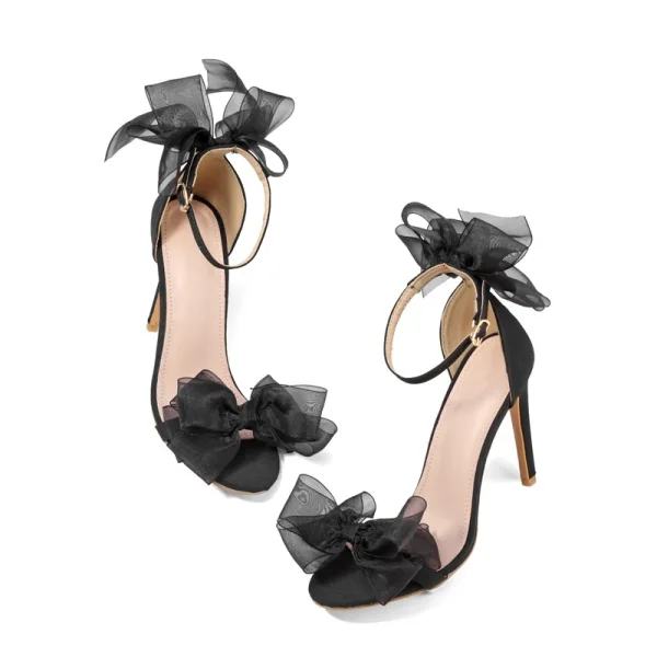 Schöne Schwarz Ball Schleife Sandalen Damen 2021 Knöchelriemen 11 cm Stilettos Peeptoes Sandaletten Hochhackige