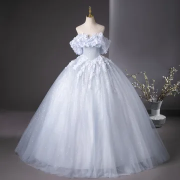 Chic Beautiful Sky Blue Glitter Appliques Prom Dresses 2025 Ball Gown Off The Shoulder Short Sleeve Backless Floor Length Long Prom Formal Dresses