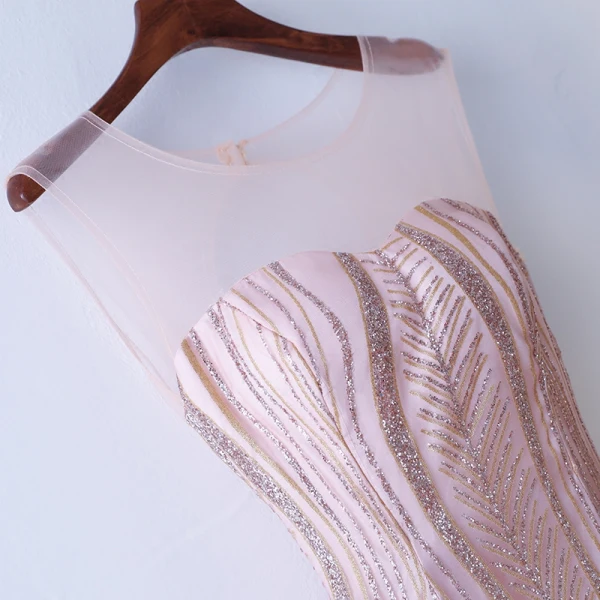 Chic / Beautiful Pearl Pink Prom Dresses 2017 A-Line / Princess Sequins Lace Scoop Neck Backless Sleeveless Floor-Length / Long Prom