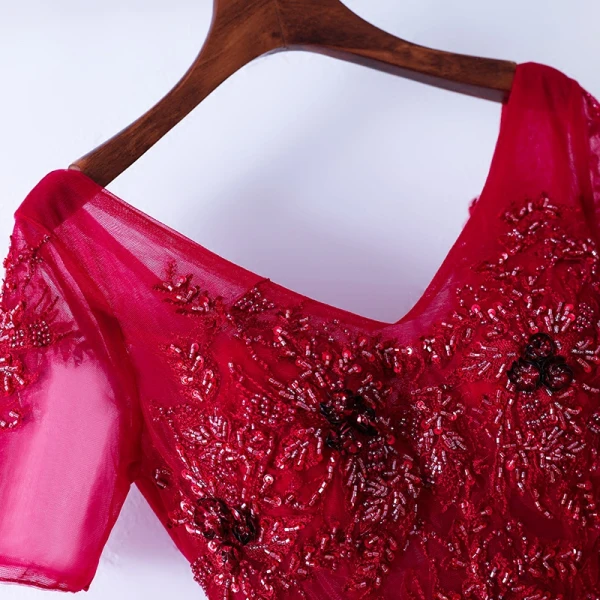 Chic / Belle Rouge Robe De Soirée 2017 Trompette / Sirène En Dentelle Fleur Perlage Paillettes V-Cou Dos Nu Manches Courtes Longueur Cheville Soirée
