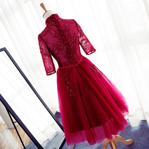 Chic / Beautiful Evening Dresses  2017 A-Line / Princess Bow Beading Sequins High Neck 3/4 Sleeve Knee-Length Evening Party