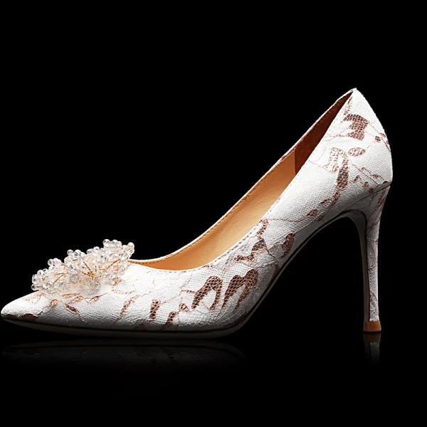 Charmig Elfenben Afton Beading Brudskor 2021 Läder 9 cm Stilettklackar Spetsiga Pumps Högklackade