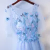 Chic / Beautiful Sky Blue Evening Dresses  2017 A-Line / Princess Butterfly Lace Flower Scoop Neck Backless Short Sleeve Ankle Length Evening Party