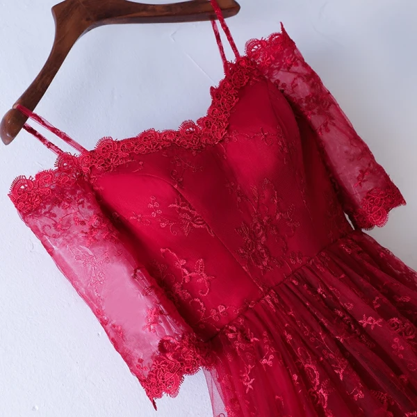 Chic / Beautiful Red Evening Dresses 2017 A-Line / Princess Lace Flower Spaghetti Straps Strapless Backless 1/2 Sleeves Ankle Length Evening Party