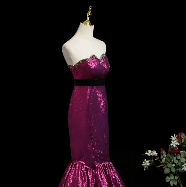 Sexy Purple Rhinestone Evening Dresses 2025 Trumpet / Mermaid Strapless Sleeveless Backless Floor-Length / Long Formal Dresses