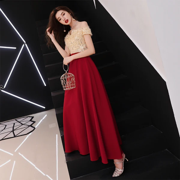 Modern / Fashion Burgundy Evening Dresses 2018 A-Line / Princess Tassel Sequins Off-The-Shoulder Backless Short Sleeve Ankle Length Formal Dresses
