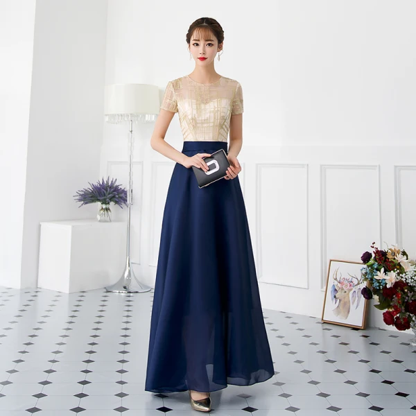 Chic / Beautiful Navy Blue Evening Dresses  2018 A-Line / Princess Sequins Scoop Neck Short Sleeve Ankle Length Formal Dresses